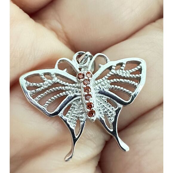 Sterling Silver Butterfly Pendant / Charm Red-Orange CZ Stones w/ Gift Box ๐ - Picture 4 of 7